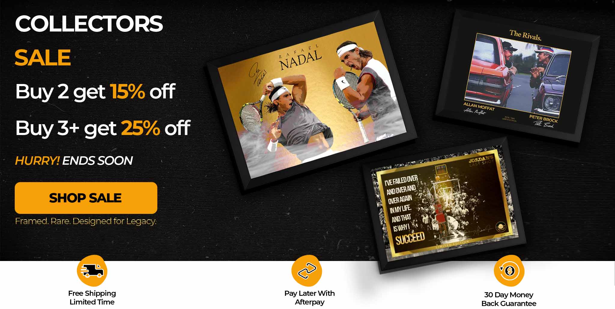Advertisement for a collectibles sale with framed items on a dark background