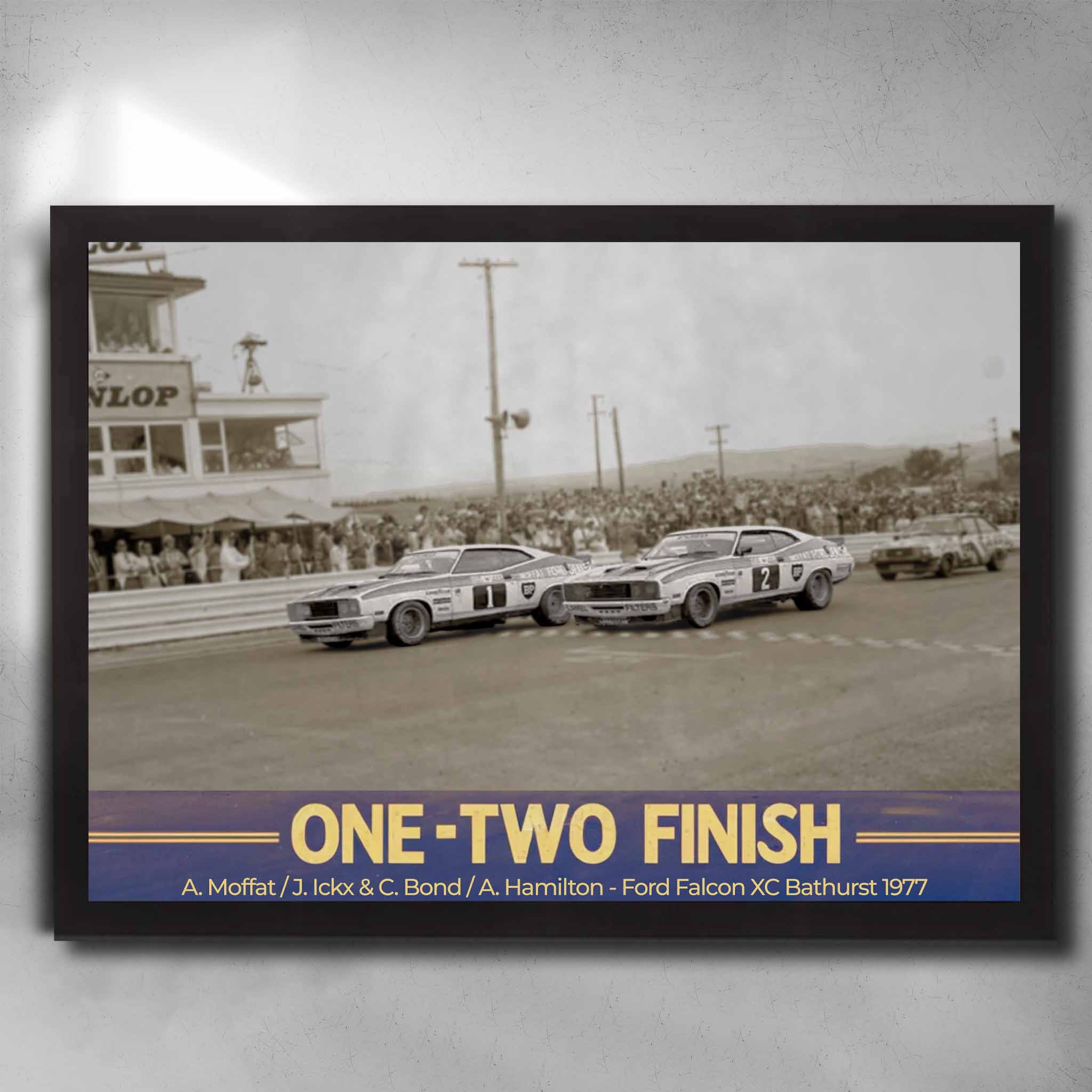 Framed Bathurst 1977 wall art featuring Allan Moffat and Colin Bond Ford Falcon XC one-two finish at Mount Panorama.