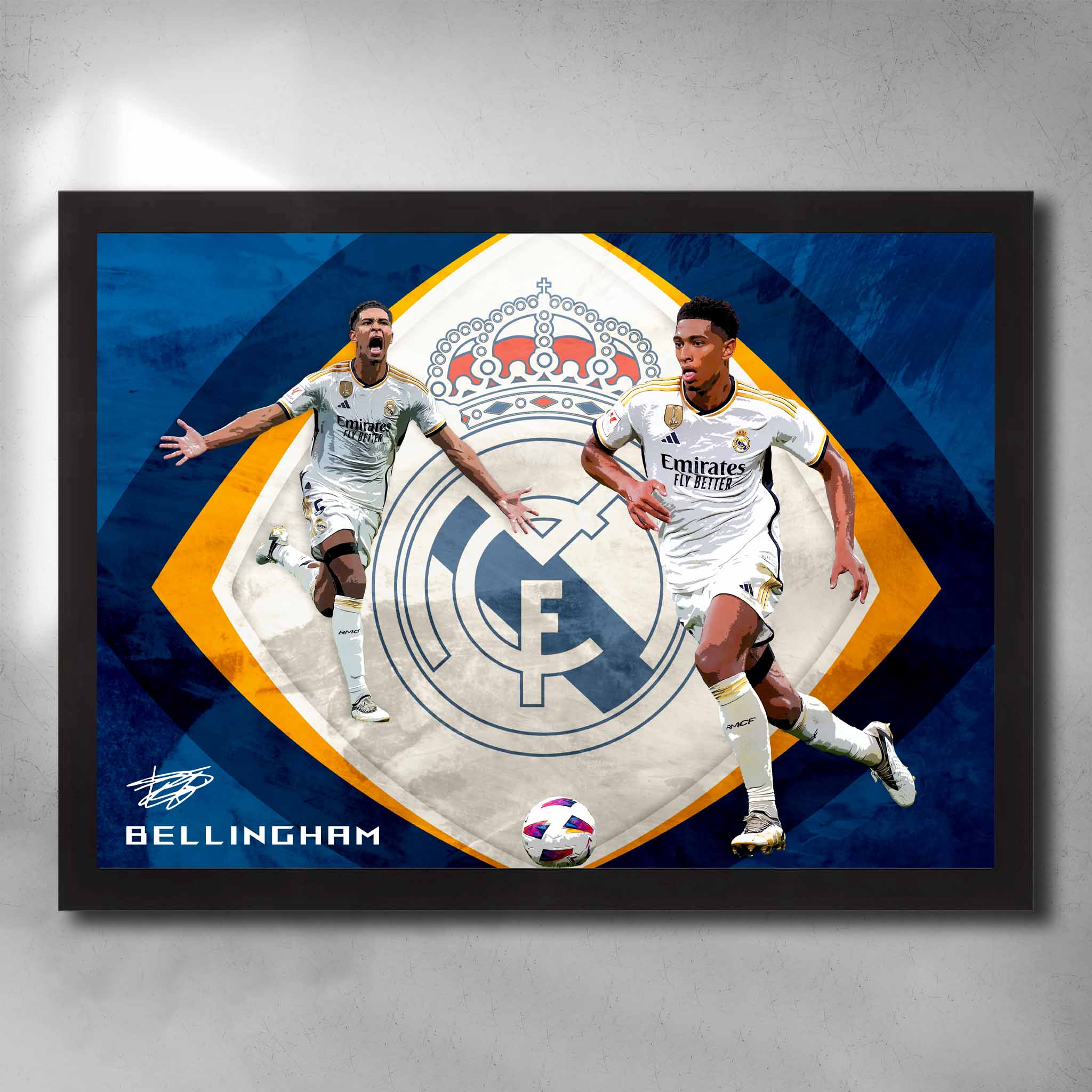 Framed Jude Bellingham Real Madrid wall art featuring action shots, bold crest background, and white match kit design.