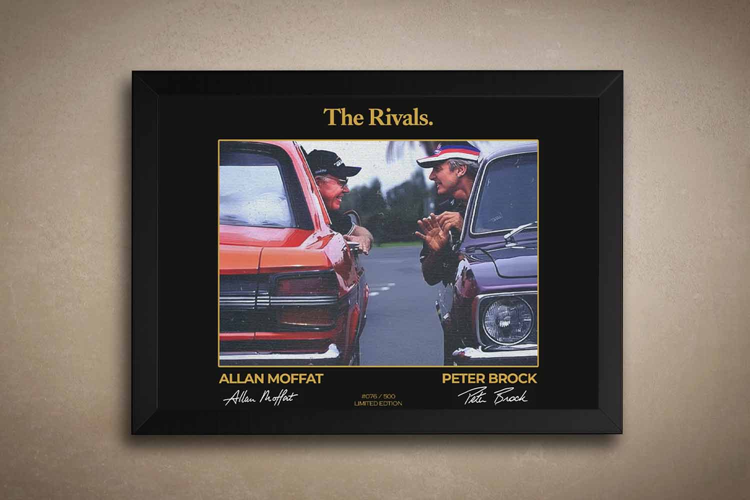 Framed Allan Moffat and Peter Brock wall art featuring classic muscle cars and iconic Australian motorsport rivalry.