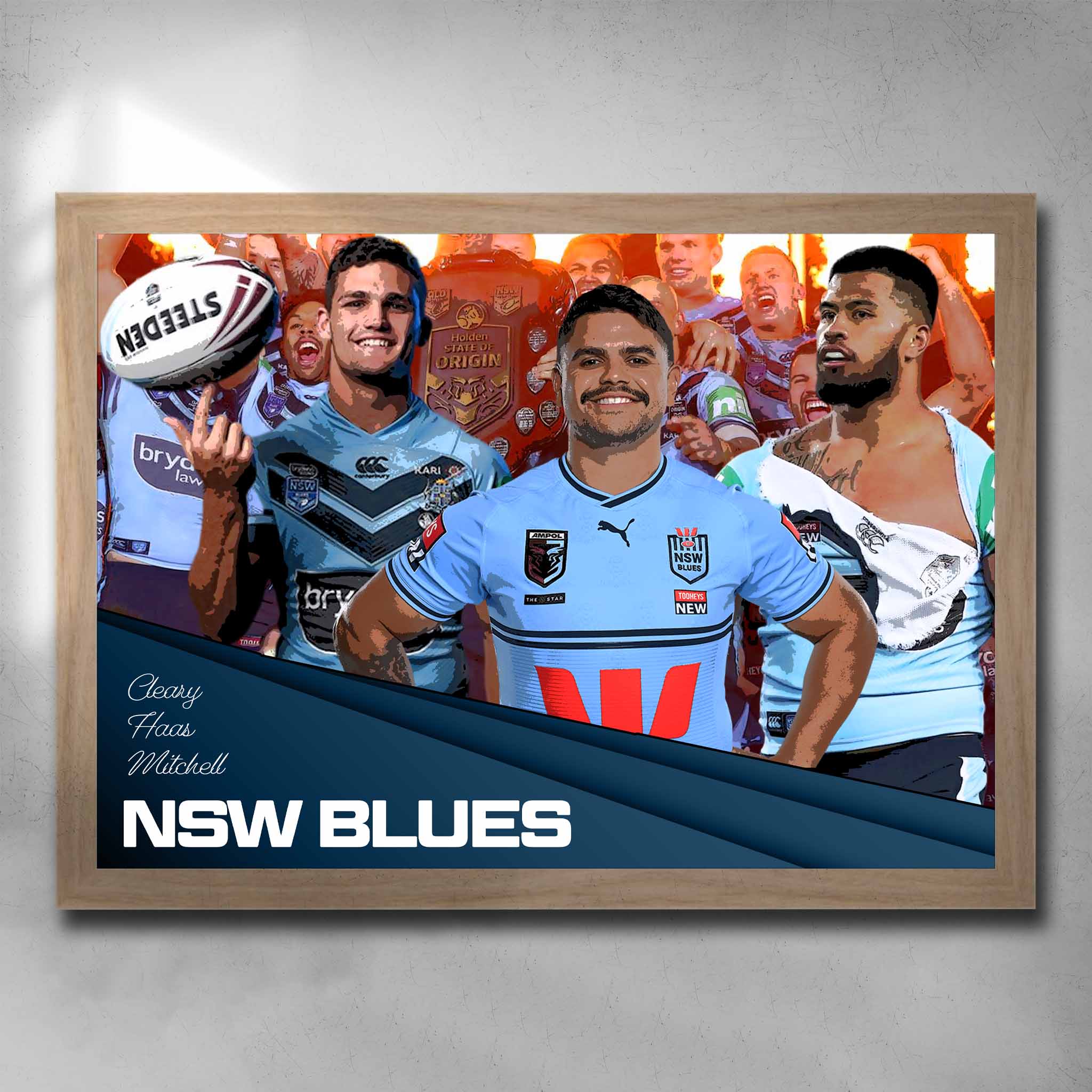 Oak framed State of Origin art by Sports Cave, featuring the NSW Blues Latrell Mitchell, Nathan Cleary and Payne Haas.