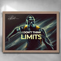 Oak framed motivational quote art by Sports Cave, featuring Usain Bolt saying, "I don't think limits".