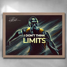 Oak framed motivational quote art by Sports Cave, featuring Usain Bolt saying, "I don't think limits".
