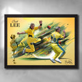 Black framed Brett Lee Cricket Art Poster by Sports Cave, highlighting the fast bowler's iconic career moments, ideal for fans and collectors.