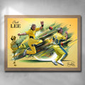Oak framed Brett Lee Cricket Art Poster by Sports Cave, highlighting the fast bowler's iconic career moments, ideal for fans and collectors.