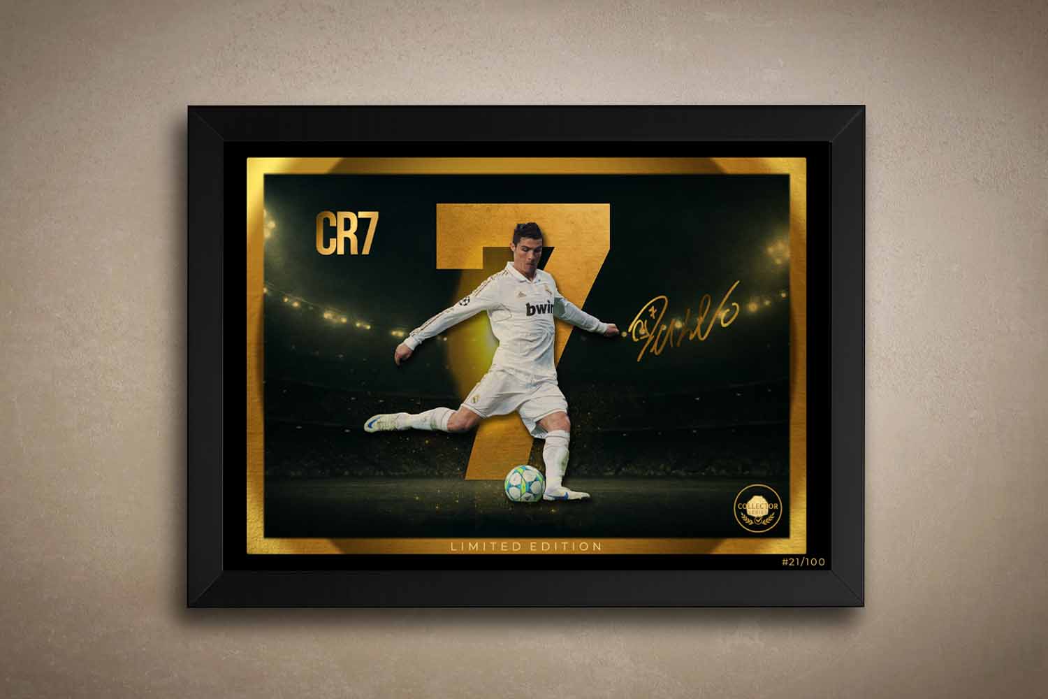 Premium CR7 wall art featuring Cristiano Ronaldo mid-strike in a black frame, part of a limited edition sports print series perfect for man cave wall décor or framed sports memorabilia collectors.