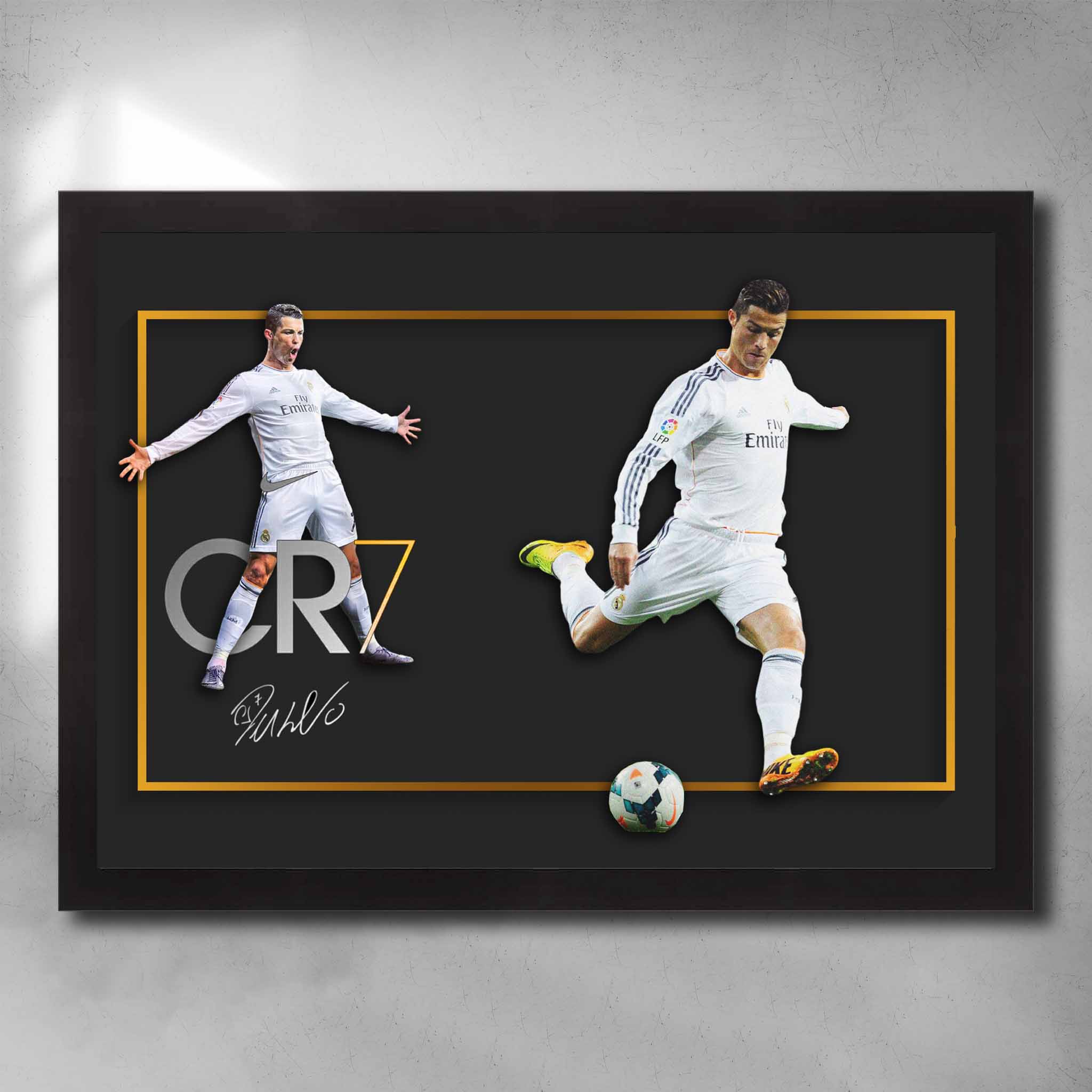 Cristiano Ronaldo framed signature wall art print showing dynamic kicking pose in white Real Madrid kit.