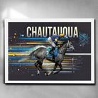 White framed horse racing art by Sports Cave, featuring the legendary Chautauqua.