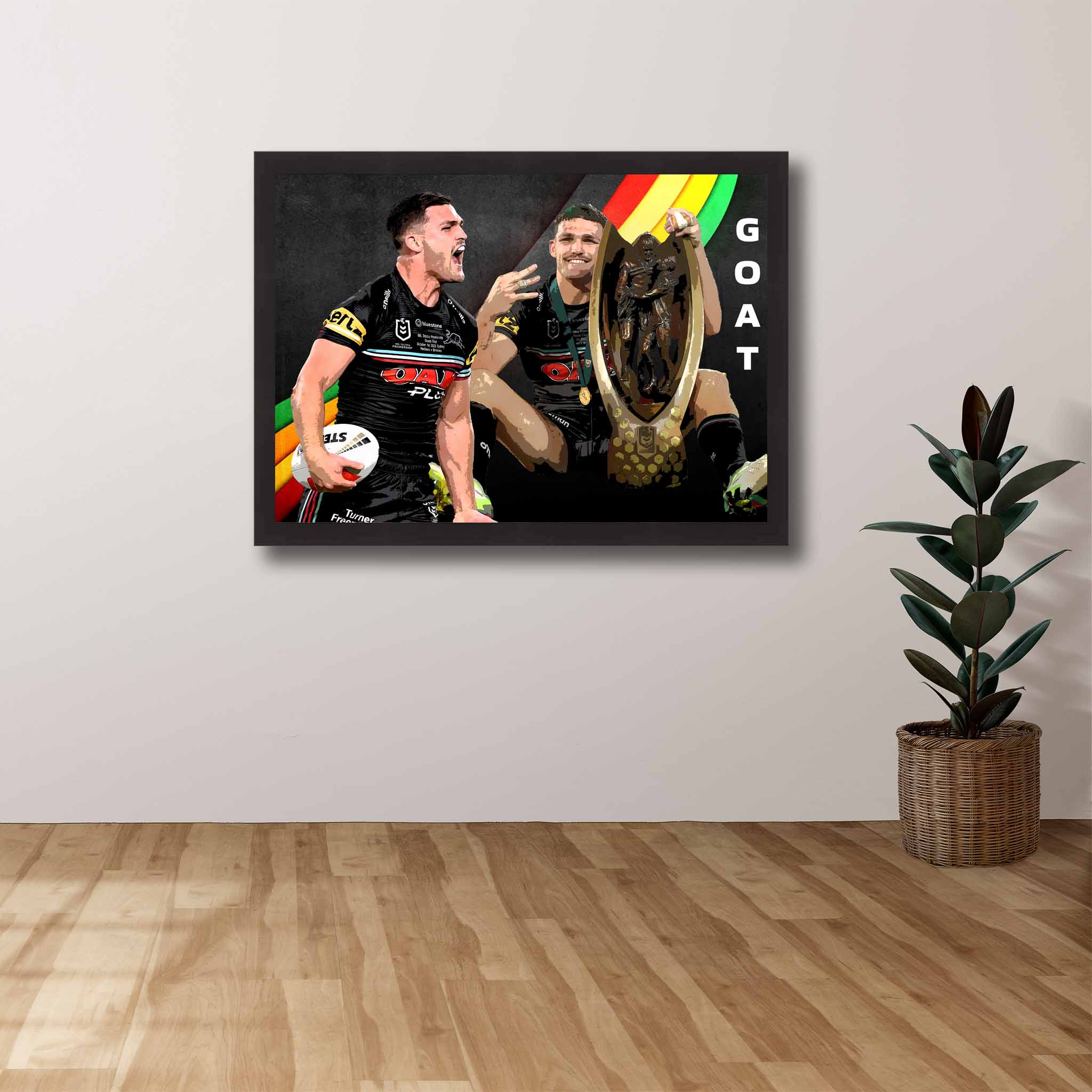 Penrith Panthers fan celebrating Penrith 3 Grandfinal victories with a Nathan Cleary Goat framed art on display on their wall. 