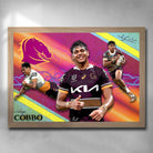 Rustic Oak framed NRL art by Sports Cave featuring Selwyn Cobbo from the Brisbane Broncos.