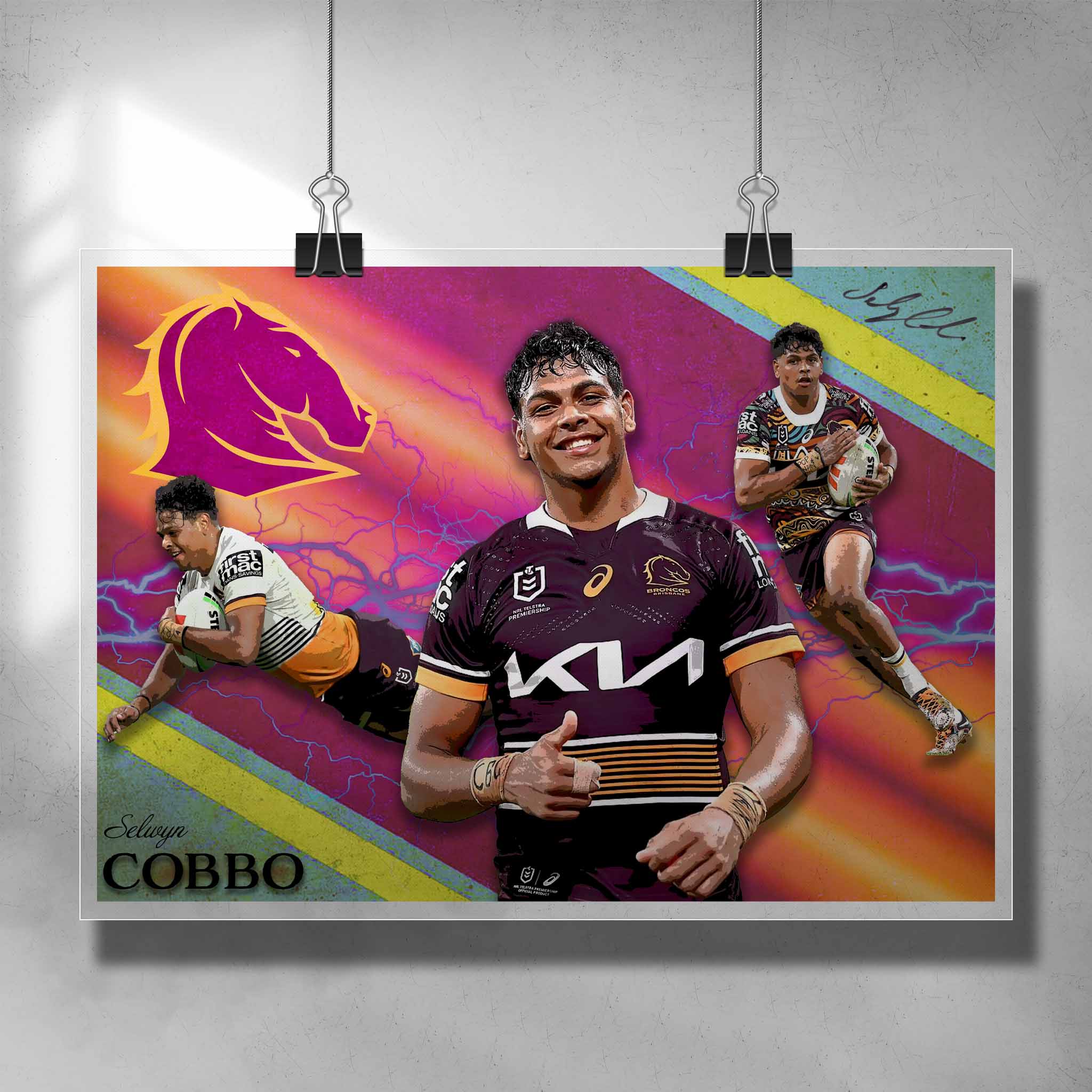 NRL Poster featuring Selwyn Cobbo from the Brisbane Broncos 2023 signed - Artwork by Sports Cave.