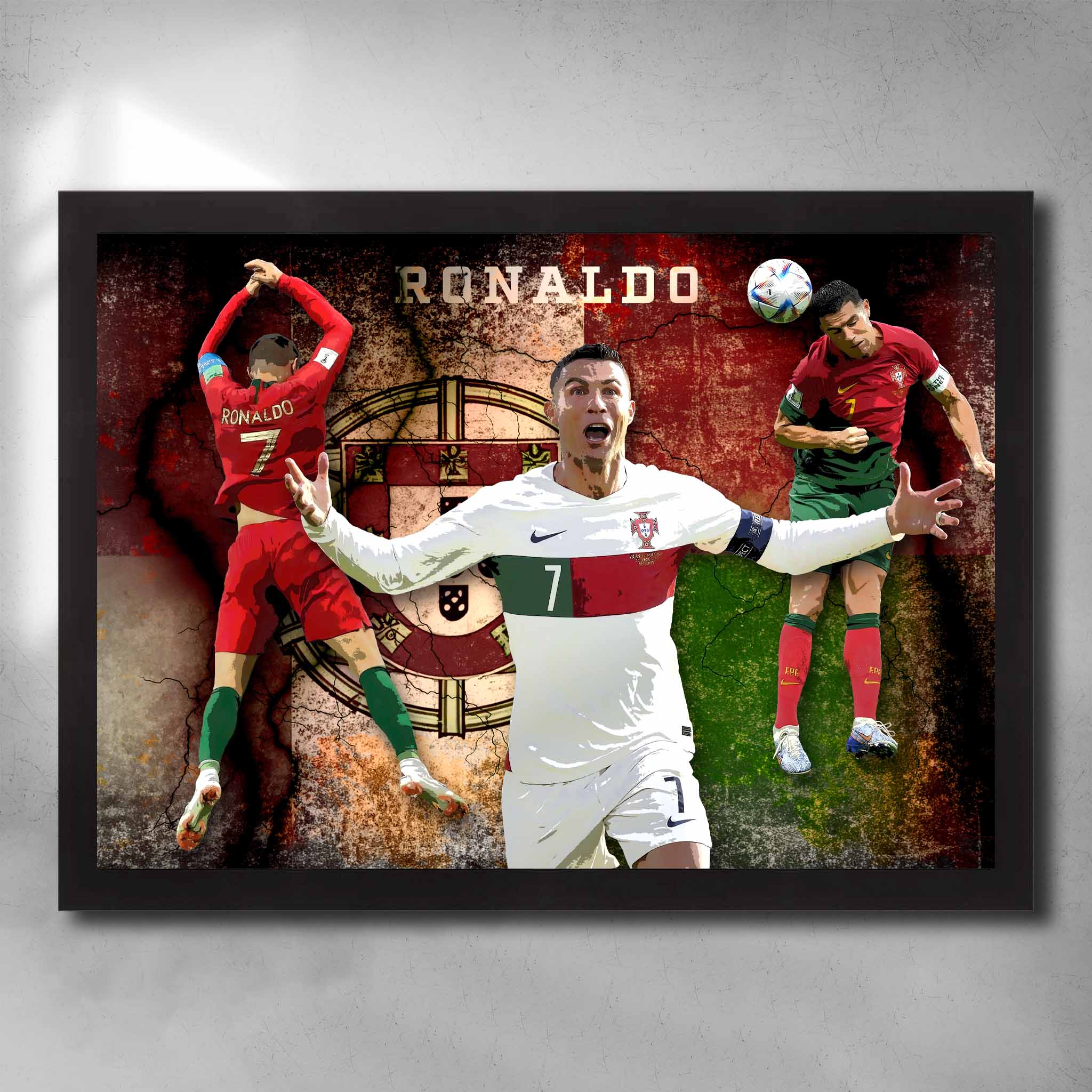 Framed Cristiano Ronaldo wall art with Portugal flag, goal celebration, and football action scenes in bold design.