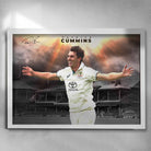 White framed cricket art by Sports Cave, featuring Patrick Cummins the Australian Test Captain.