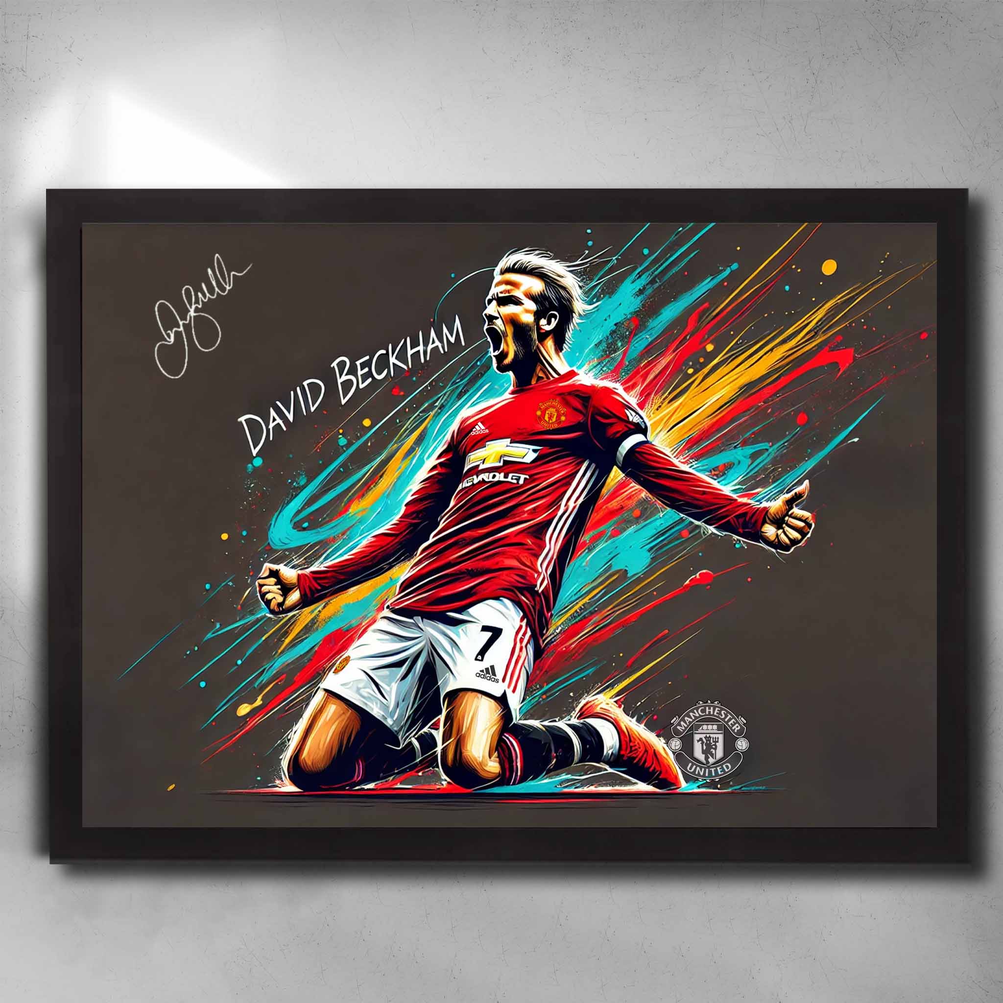 Framed David Beckham Manchester United wall art featuring colorful celebration and iconic number 7 jersey.