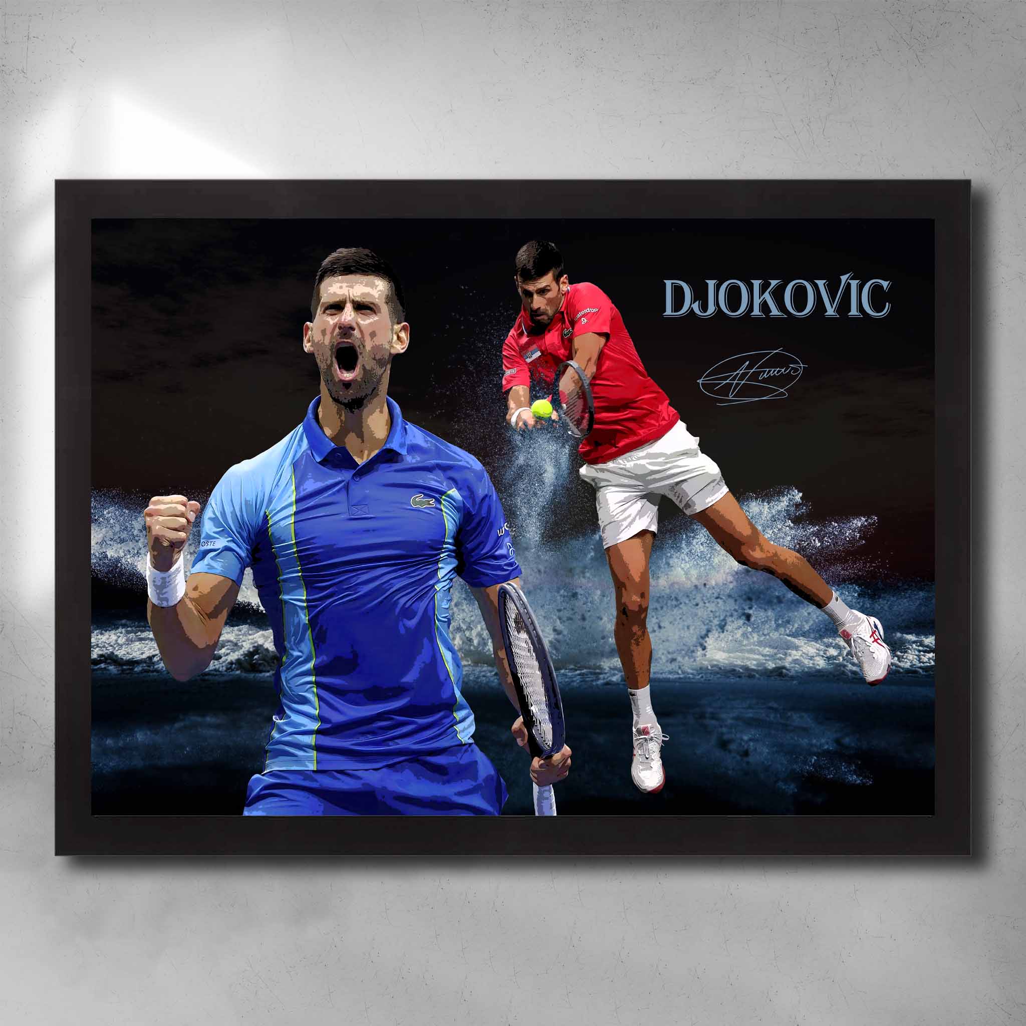 Framed Novak Djokovic wall art featuring powerful tennis action shot and emotional celebration, premium sports artwork.