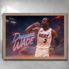 Oak framed NBA art by Sports Cave, featuring Dwayne Wade from the Miami Heat.