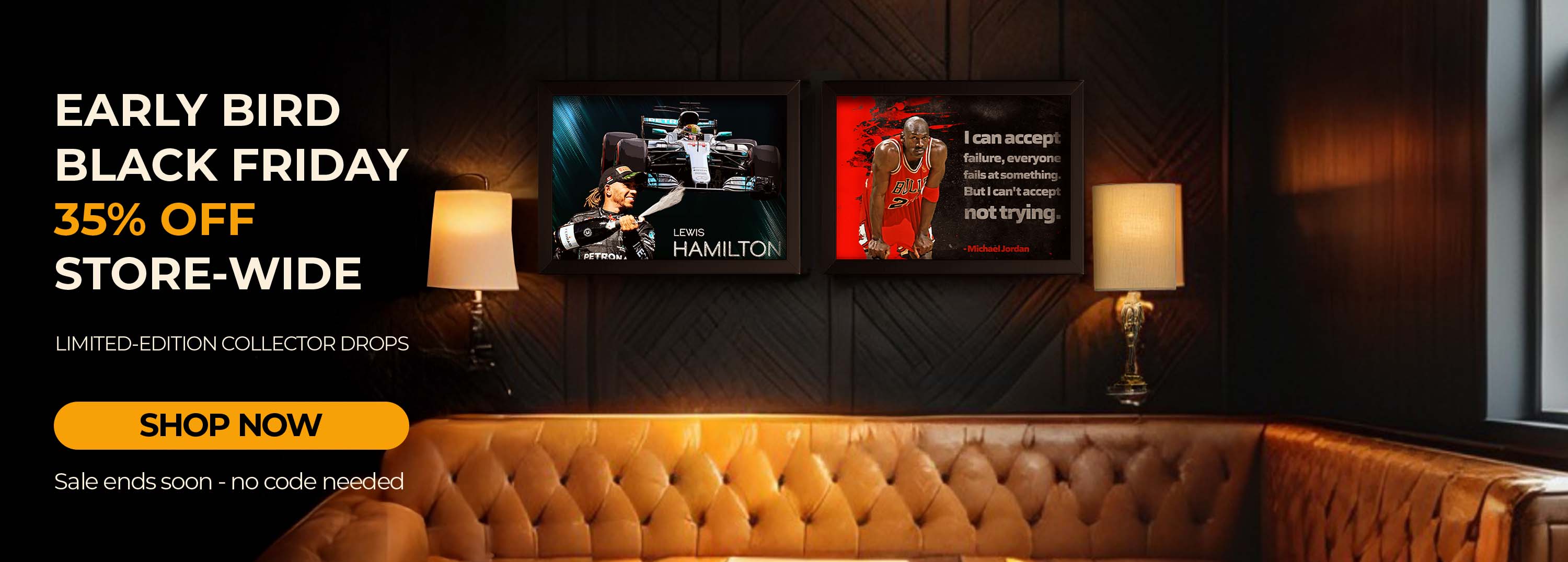 Promotional banner for early bird Black Friday sale with theater seats and 'Hamilton' posters in a dimly lit room.