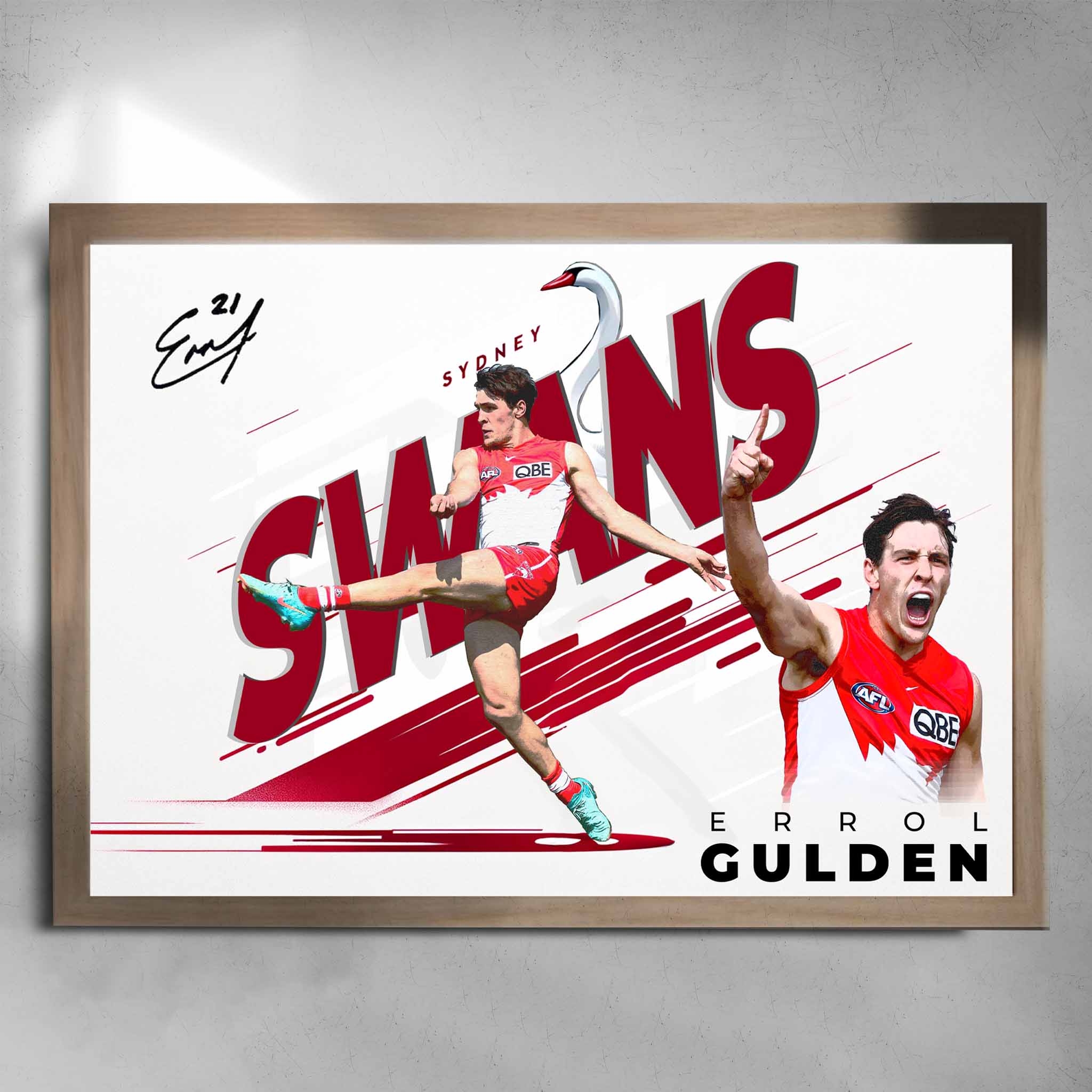 Errol Gulden Sydney Swans Poster in elegant oak frame by Sports Cave.