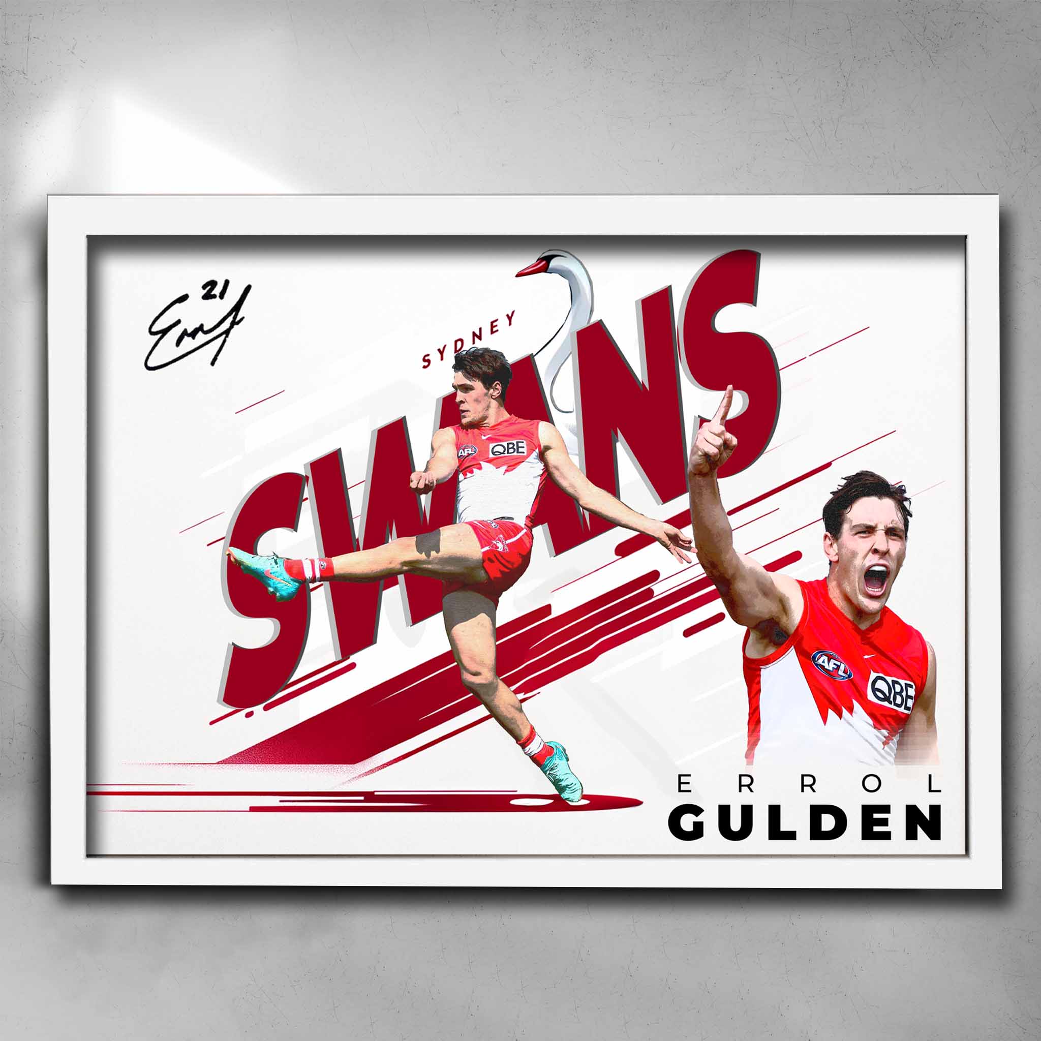 Errol Gulden Sydney Swans Poster in elegant white frame by Sports Cave.
