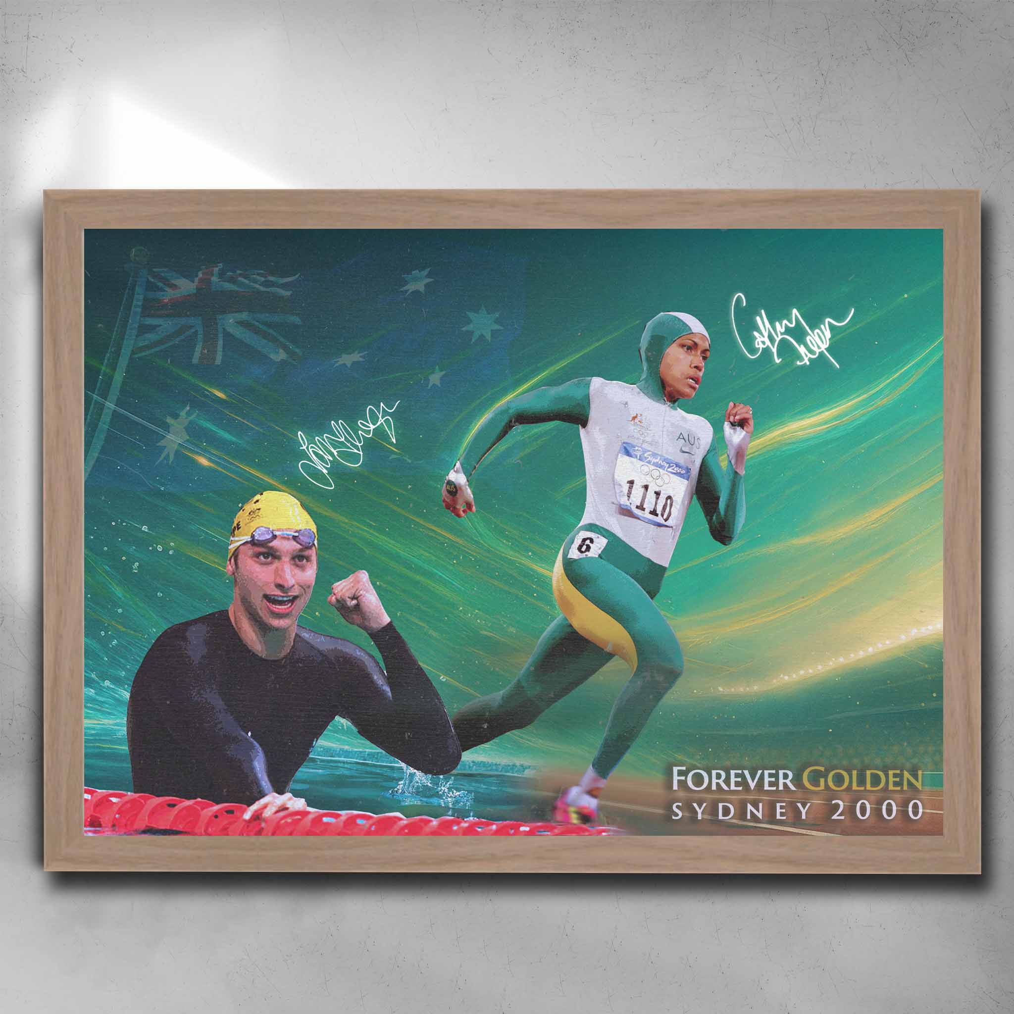 Limited edition framed sports art featuring Cathy Freeman and Ian Thorpe, exclusively at www.sportscaveshop.com.