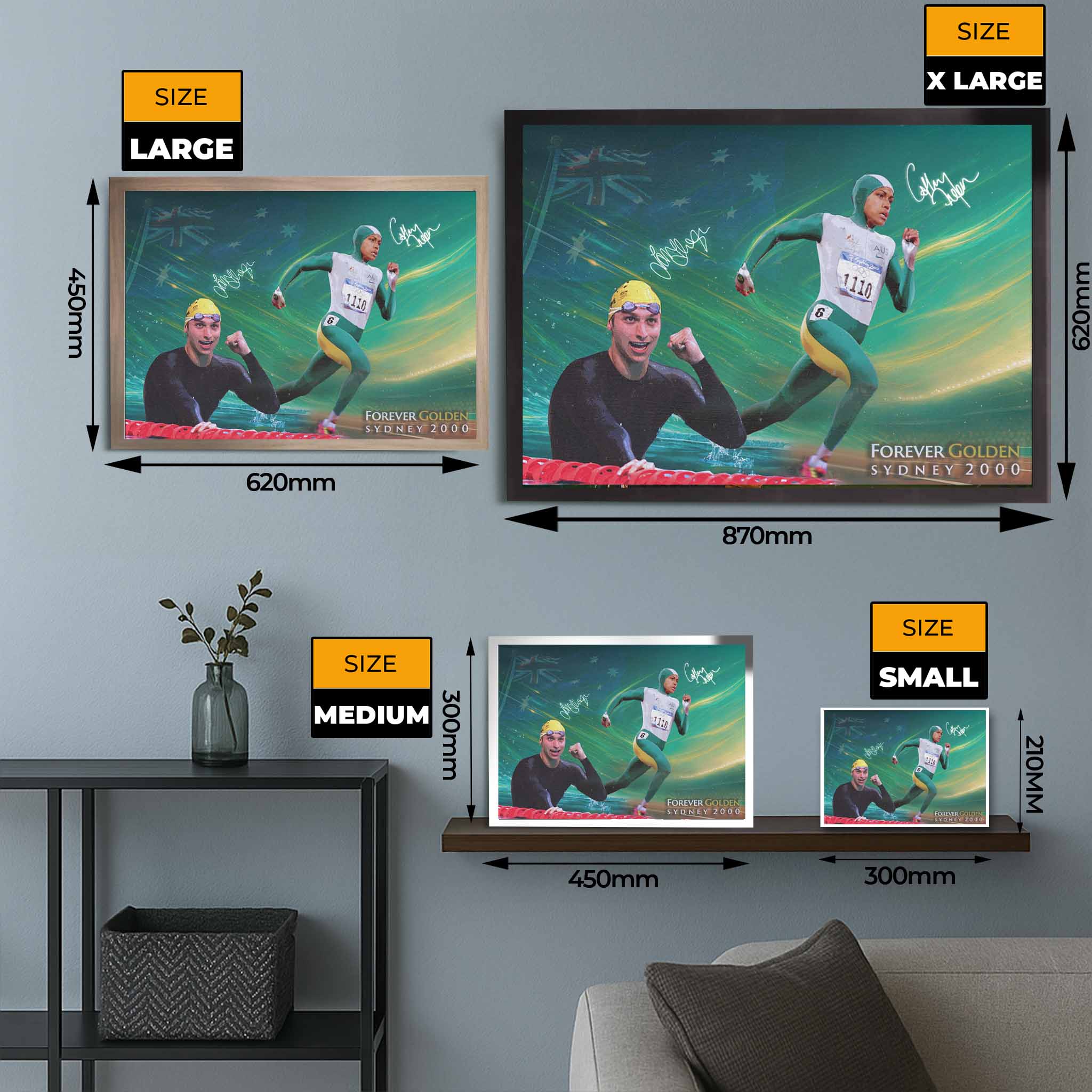 Size guide showing small to extra-large framed sports art of Cathy Freeman and Ian Thorpe, from www.sportscaveshop.com.