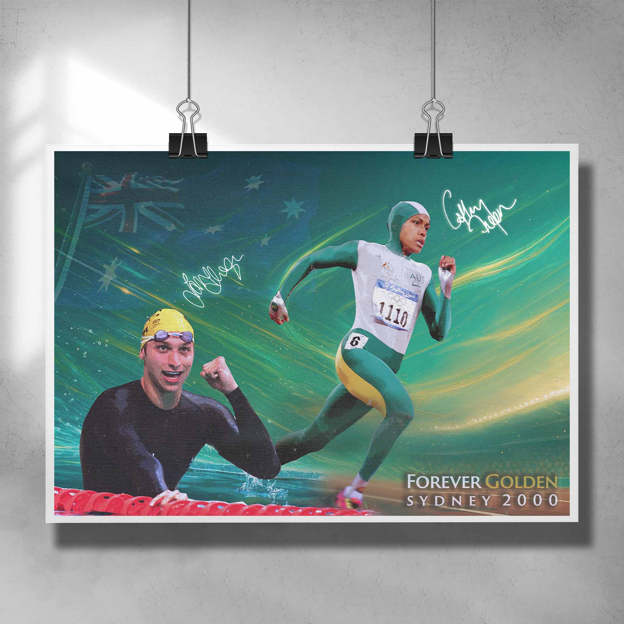 Poster print of Cathy Freeman and Ian Thorpe celebrating Sydney 2000, a must-have piece of sports wall art from www.sportscaveshop.com.