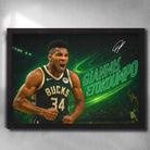 Framed Giannis Antetokounmpo wall art with Milwaukee Bucks jersey, neon green name design, and powerful celebration pose.