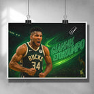 Signed NBA poster by Sports Cave featuring Giannis Antetokounmpo from the Milwaukee Bucks.