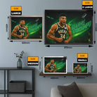Visual representation of Giannis Antetokounmpo framed art size options, ranging from Extra Large, Large, Medium and Small.