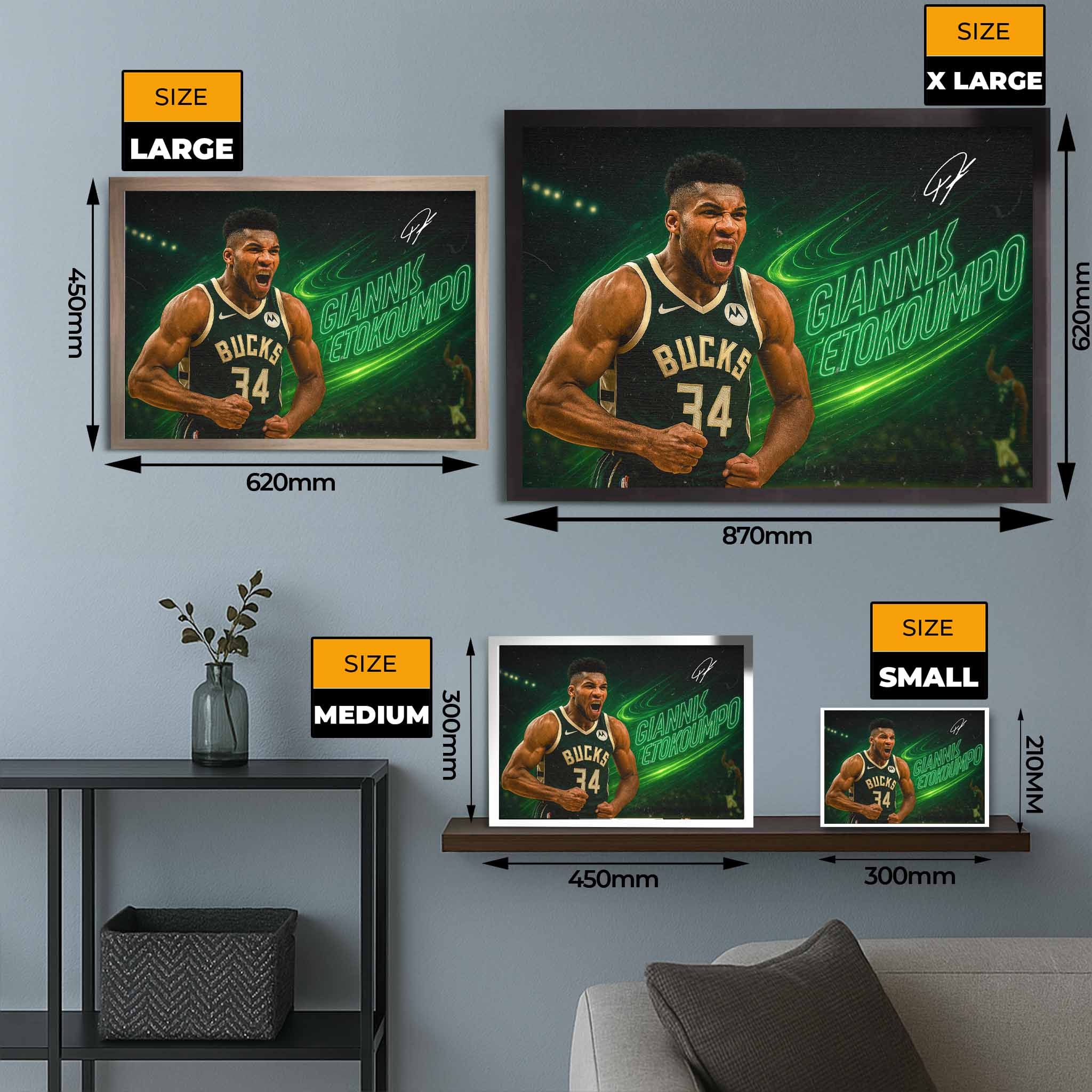 Visual representation of Giannis Antetokounmpo framed art size options, ranging from Extra Large, Large, Medium and Small.
