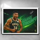 White framed NBA Art by Sports Cave featuring Giannis Antetokounmpo from the Milwaukee Bucks.
