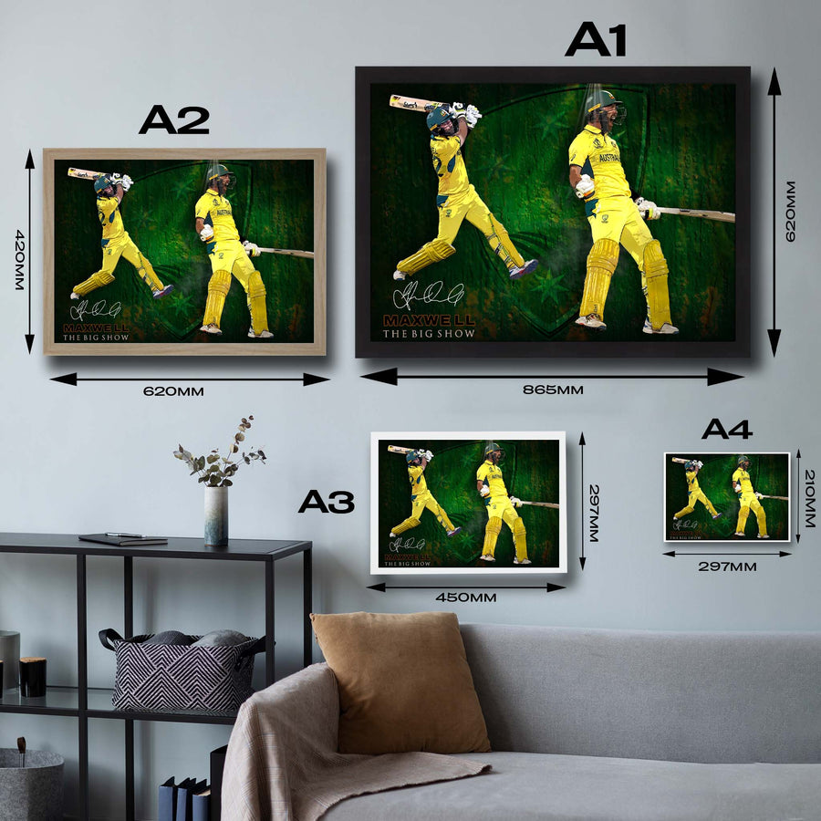 Visual representation of Glen Maxwell framed art size options, ranging from S - 21 × 30 cm (8.3 × 11.8 in) to L - 45 × 62 cm (17.7 × 24.4 in), to assist selecting the right size for your space and preferences.