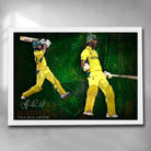 White framed cricket art featuring Glen Maxwell "The Big Show" Scoring a century for Australia - Artwork by Sports Cave.