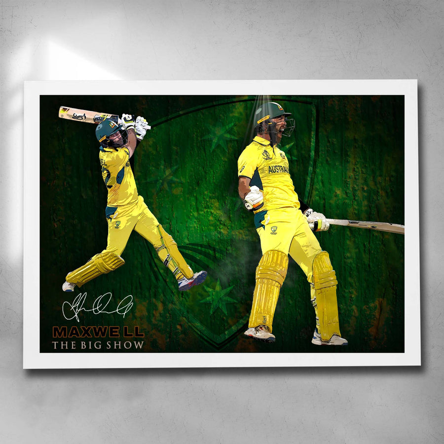 White framed cricket art featuring Glen Maxwell "The Big Show" Scoring a century for Australia - Artwork by Sports Cave.