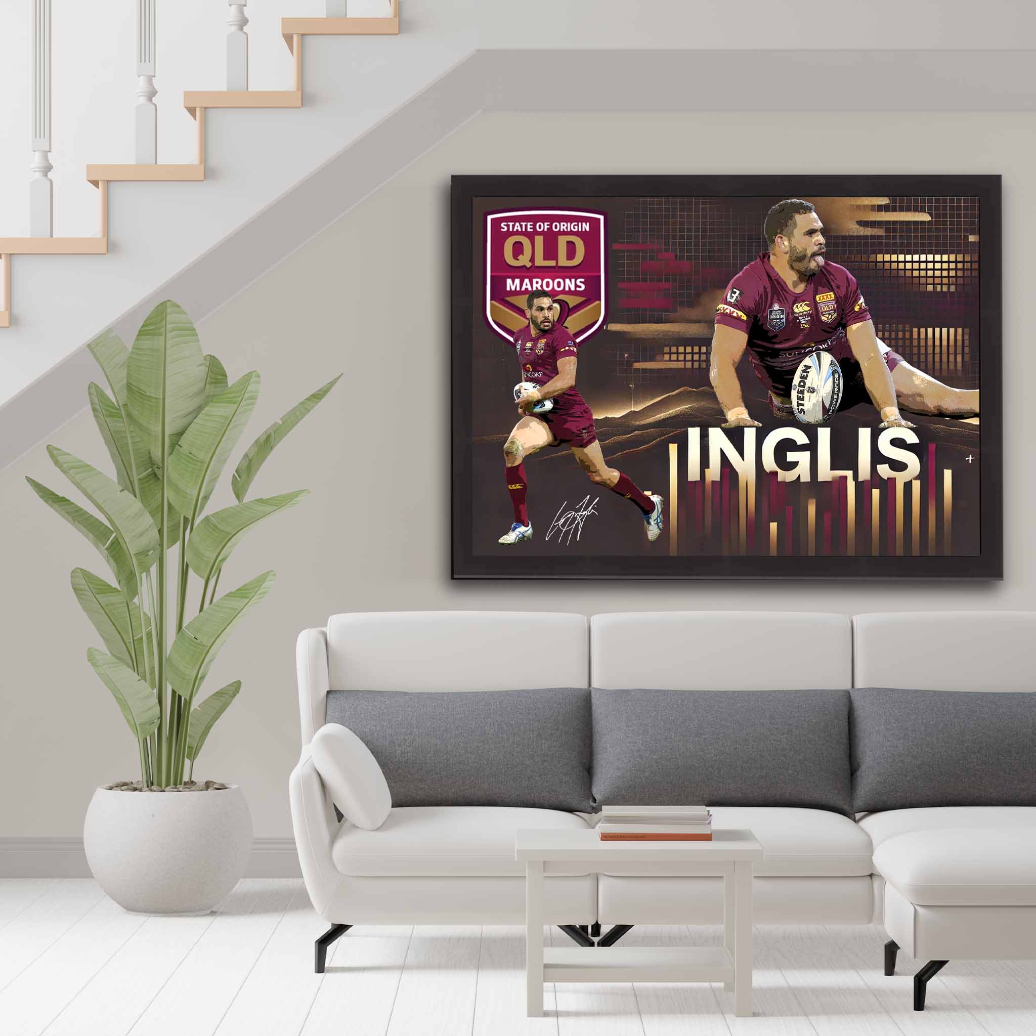 QLD fans house with a framed Greg Inglis print on display.
