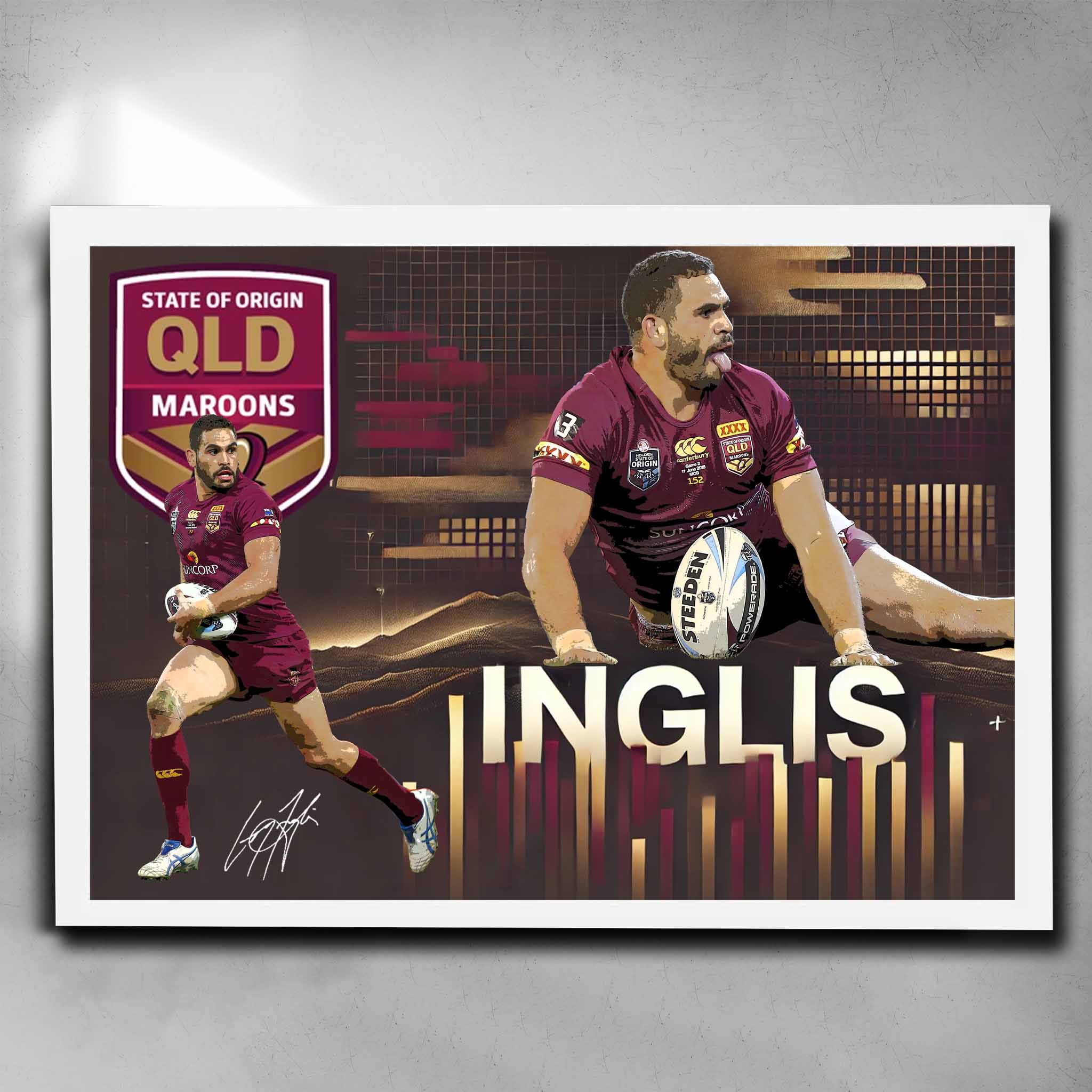 White framed NRL art by Sports Cave featuring Greg Inglis State from QLD state of Origin.