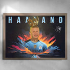 Oak framed soccer art by Sports Cave, featuring King Erling Haaland from Manchester City.