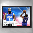 Framed James Harden Clippers wall art with signature poses, dynamic color background, and player autograph design.