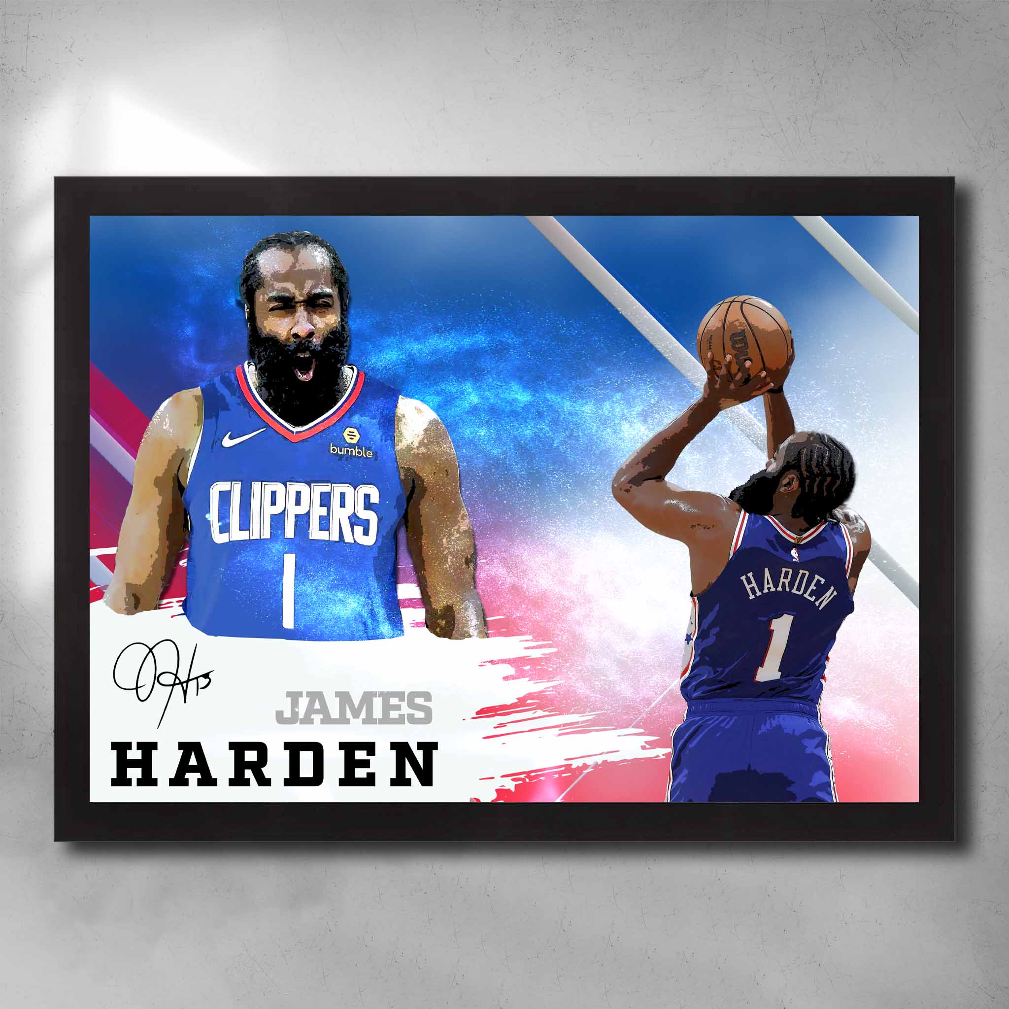 Framed James Harden Clippers wall art with signature poses, dynamic color background, and player autograph design.