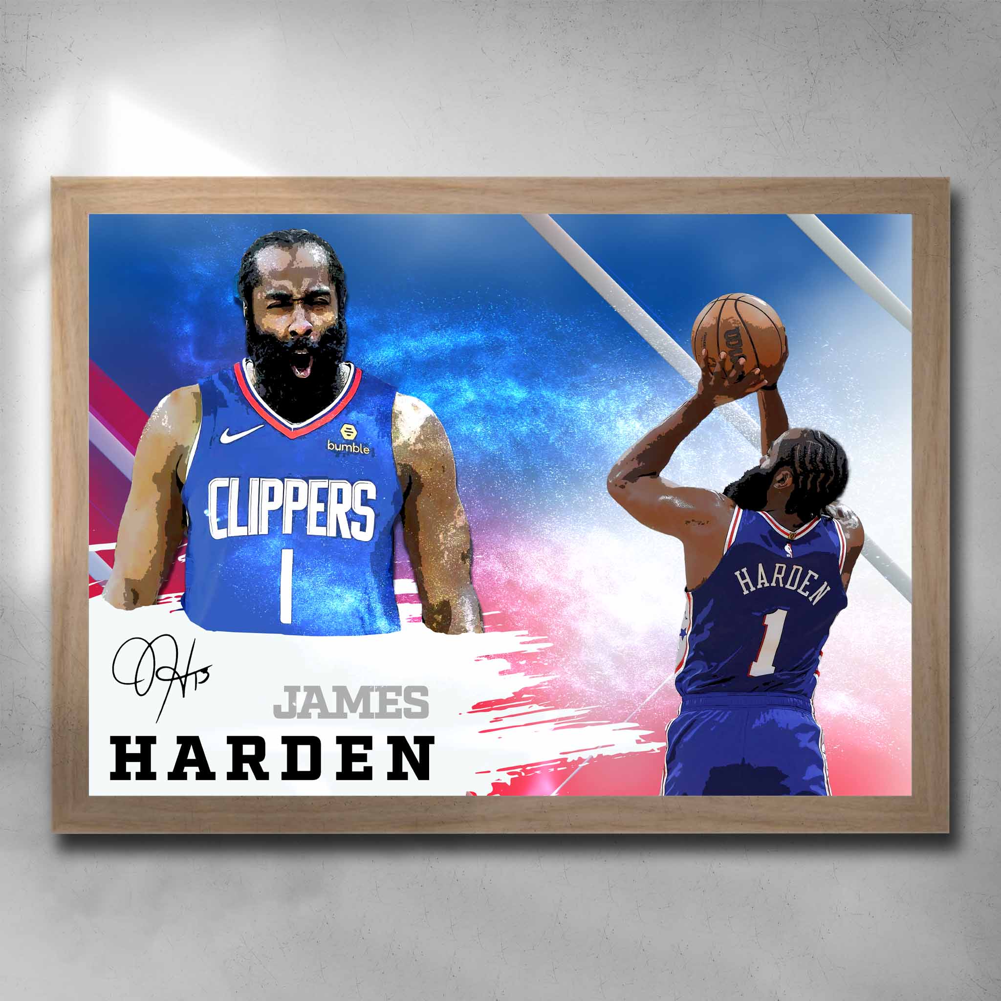 Oak framed NBA Art by Sports Cave featuring James Harden from the Las Angeles Clippers