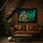 Jayson Tatum framed sports art displayed in a stylish man cave setup, available exclusively at www.sportscaveshop.com.