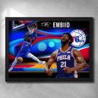 Black framed basketball art by Sports Cave, featuring the NBA star Joel Embiid from the Philadelphia 76ers.