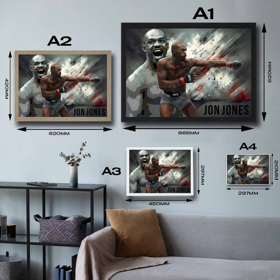 Visual representation of Jon Johns framed art size options, ranging from S - 21 × 30 cm (8.3 × 11.8 in) to L - 45 × 62 cm (17.7 × 24.4 in), for selecting the right size for your space.