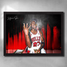 Framed Michael Jordan wall art featuring Jordan celebrating with cigar, six fingers up, Bulls jersey, and championship trophy.