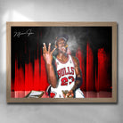 Oak framed NBA art featuring Chicago Bulls legend Michael Jordan smoking a cigar - Artwork by Sports Cave.