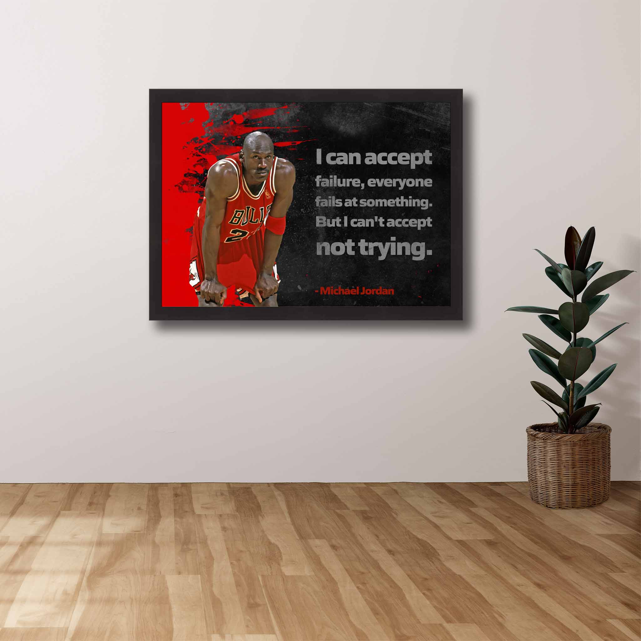 Michael Jordan wall art with iconic quote, framed and displayed in a modern space—ideal framed sports art for man cave wall décor.