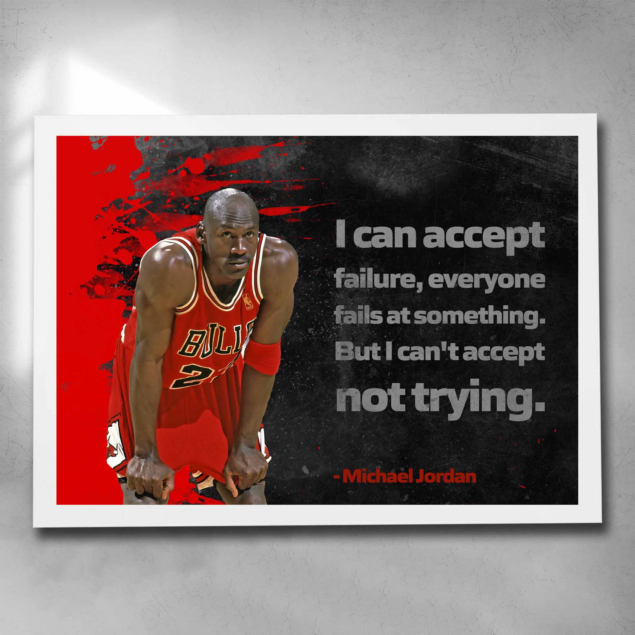 White frame Michael Jordan wall art featuring his iconic quote — ideal framed sports art for offices, gyms, or man cave wall décor.