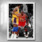 White framed NBA art by Sports Cave featuring Michael Jordan Staring down Magic Johnson. 