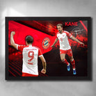 Framed Harry Kane Bayern Munich wall art featuring action poses in white away kit with red graphic backdrop and club crest.