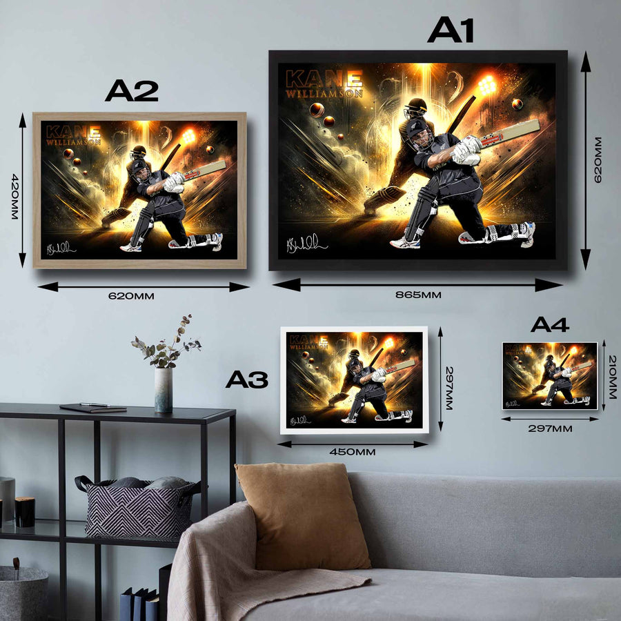 Visual representation of Kane Williamson framed art size options, ranging from A4 to A2, to assist customers in selecting the right size for their space and preferences.